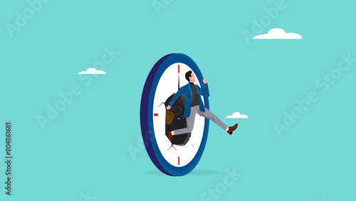 time travel to a successful future, time management concept, evolution or transformation for the better, productivity or efficiency, businessman jumps through the clock into the future