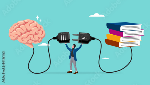 read books to learn new lessons, literature or intelligence information, improve literacy and numeracy skills, businessman connect plug with stack of book with human brain concept vector illustration