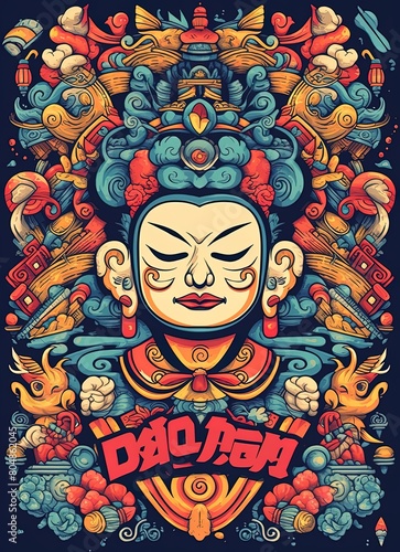 Colorful poster with Chinese motifs and illustrations, Poster for festival