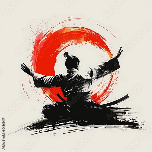 A black and red ink-style illustration. A samurai is practicing in front of a red sun. isolated on white background. 