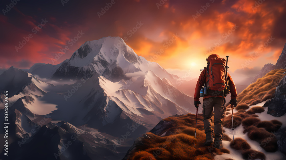 Fototapeta premium Back view of climber standing on top of snow mountain