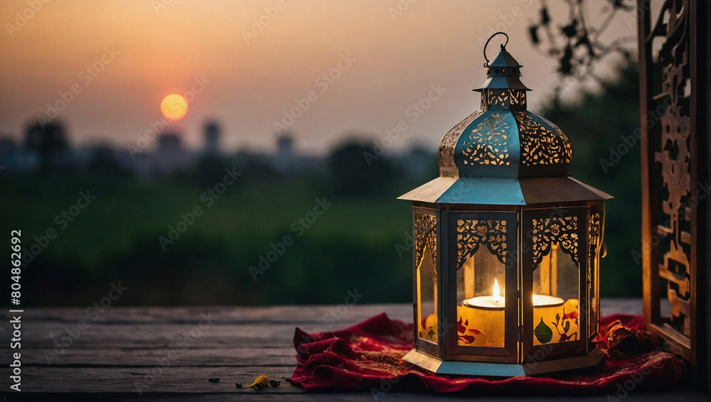 There are two lanterns with intricate cutout designs sitting on a wooden surface. The background is dark blue with blurry lights in the background.

