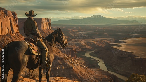  Cowboy on horseback gazes over canyon at sunset. Stetson hat, leather gloves. American Southwest cinematic feel photo