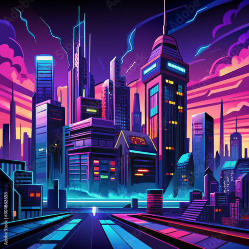 night city in the city, Electric neon cityscapes at night for futuristic war backgrounds.