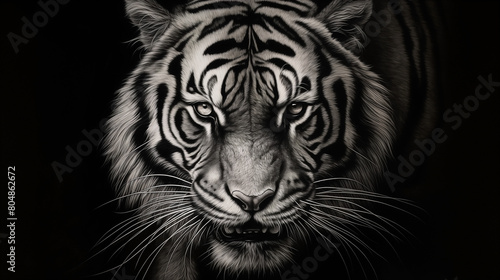 A portrait of a wild tiger, its striped fur glowing in nature's light, its carnivore's eye fixed predatorily, its majestic head poised to face the wild.