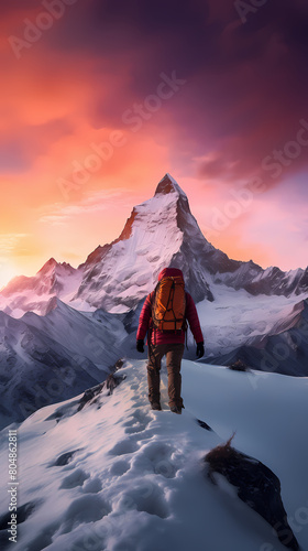 Back view of climber standing on top of snow mountain © Derby