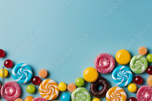 Candy and sweets in copy-space background concept, big blank space. Place to adding text blank copy space. Creamy Fudge Selection