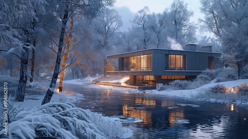 Produce a 3D rendering of a new concrete house in a modern style during a winter night.