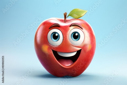 A Happy 3d Red Apple with big eyes and smile, siting, blue background, Tasty Healthy Fruit,