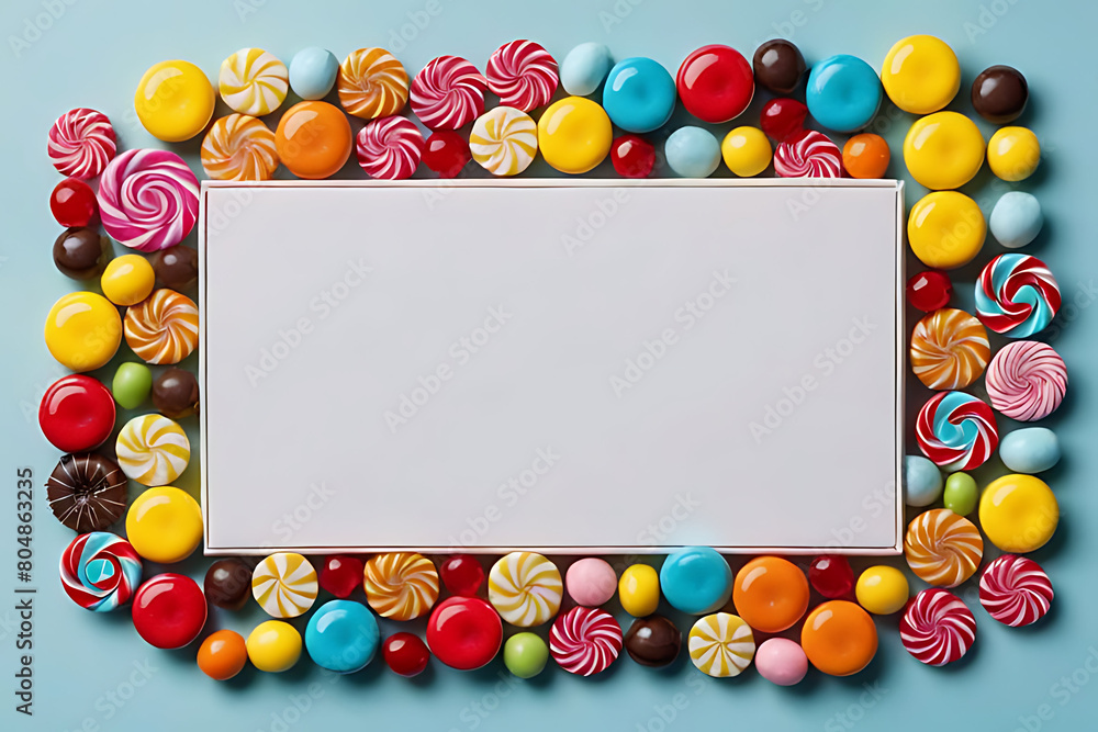 Candy and sweets in copy-space background concept, big blank space. Place to adding text blank copy space. Jawbreaker Bonanza