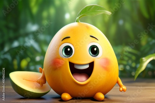 a cute adorable 3D Mango cartoon character, healthy happy Mango with eyes, smile, legs & hands, isolated, Healthy Fruit