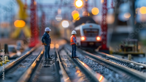 Two model train engineers inspect a section of track. photo