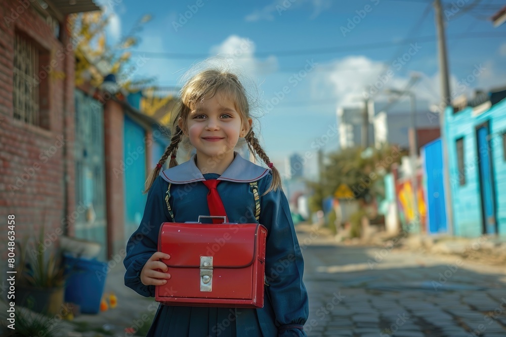 a school going child in uniform with lunch box in hand