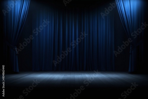 Empty theater stage with luxurious blue velvet curtains and spotlight by award ceremony