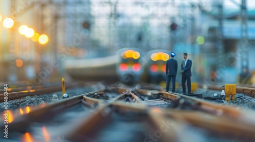 Two businessmen stand on a railroad track as a train approaches. photo