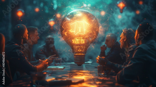 business people sitting around a table with light bulbs surrounded by ideas, in the style of cyber punk scene, round sculpture, photo-realistic still life, shaped canvas, selective focus