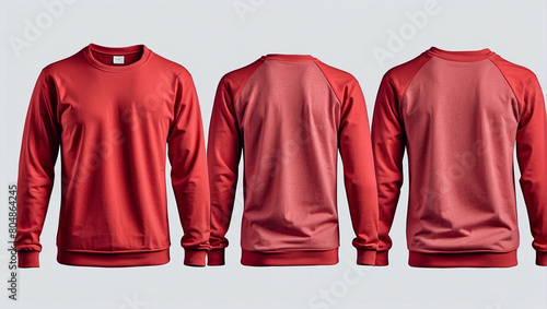 A red zip-up hoodie sweatshirt from three angles: front, back, and side. photo