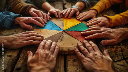 A group of diverse hands coming together to form a circle around a colorful pinwheel photo