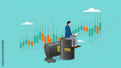 oil and gas asset management to get a lot of income, strategy to manage oil stock investments, businessman investor sitting on oil barrel while using a laptop to manage his oil stock investments