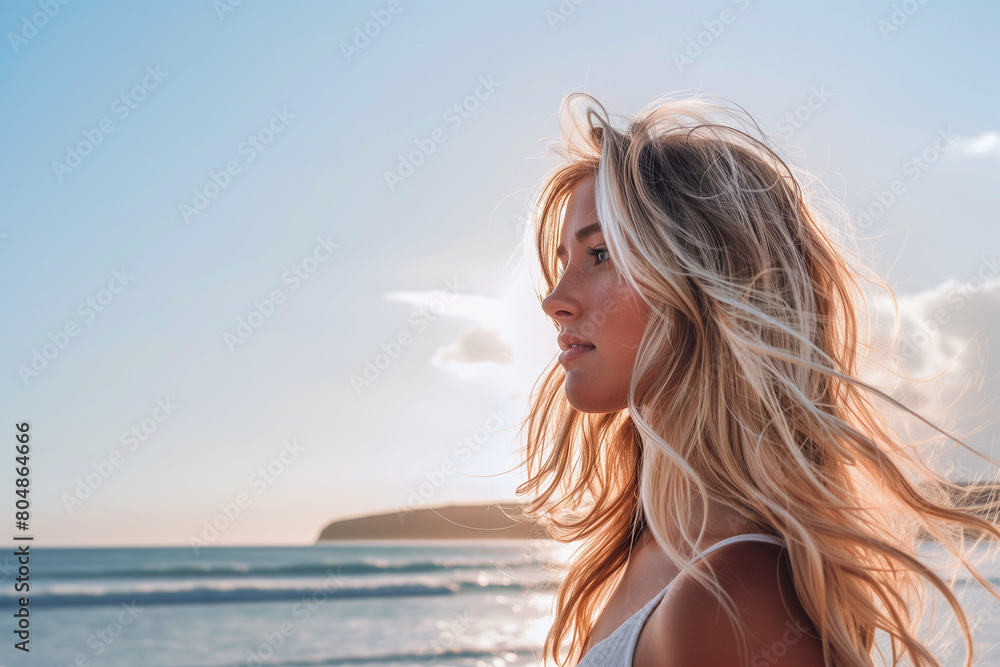 Golden Glow: Stunning Portrait of a Woman with Beige Blonde Hair - Summer, Beach, Radiance, Serenity - Clean composition, Ample negative space Golden Glow: Stunning Portrait of a Woman with Beige Blonde Hair - Summer, Beach, Radiance, Serenity - Clean composition, Ample negative space