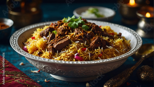 beef biryani, This image shows a bowl of biryani, a South Asian dish made with rice, meat, and vegetables. The dish is garnished with cilantro and served in a silver bowl with a black background.