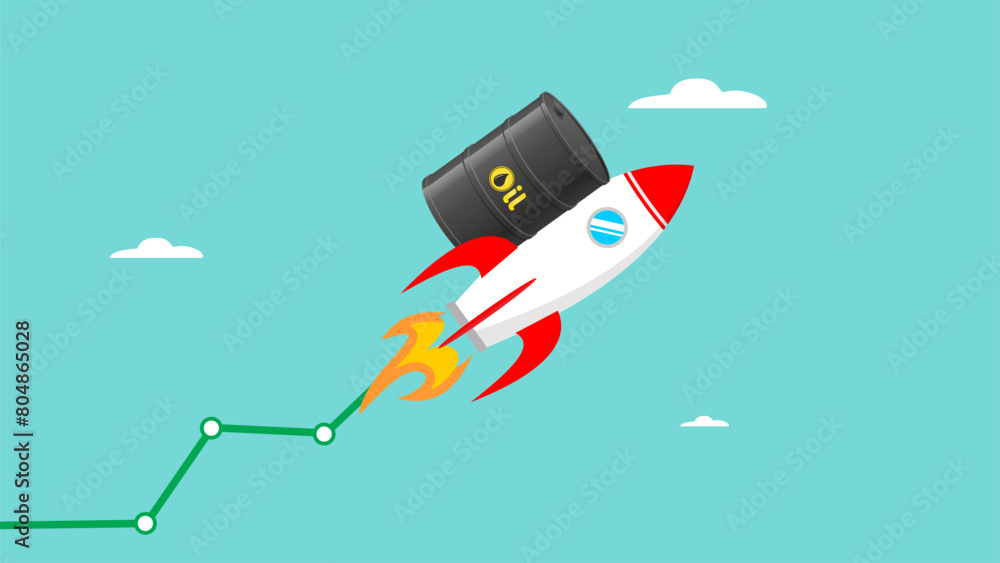 crude oil prices skyrocketed, rocket with crude oil barrel glides above the clouds with a growth graph crude oil prices skyrocketed, rocket with crude oil barrel glides above the clouds with a growth graph