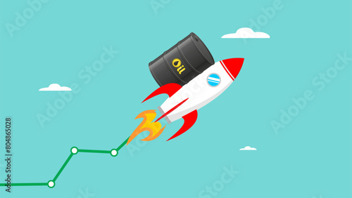 crude oil prices skyrocketed, rocket with crude oil barrel glides above the clouds with a growth graph