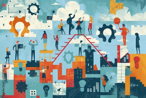 A colorful drawing of people working together in a cityscape