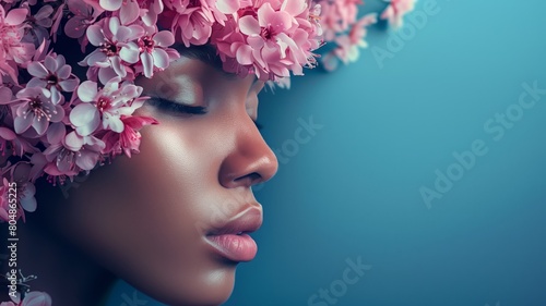 Women's Day background with blue theme and copy space near flowers © Glebstock