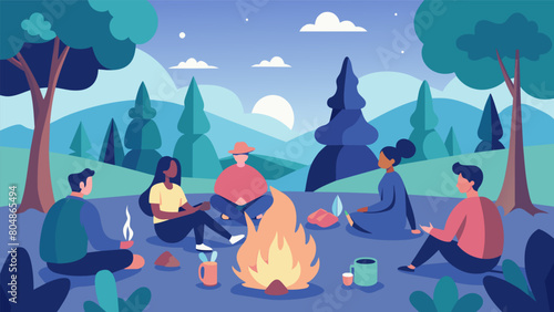 In a serene sprawling park patients and thes take a break from their hike to gather around a campfire and discuss the peace and tranquility of nature..