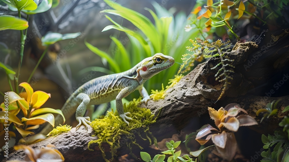 Detailed Terrarium Setup with Climbing Gecko in Natural Habitat Detailed Terrarium Setup with Climbing Gecko in Natural Habitat