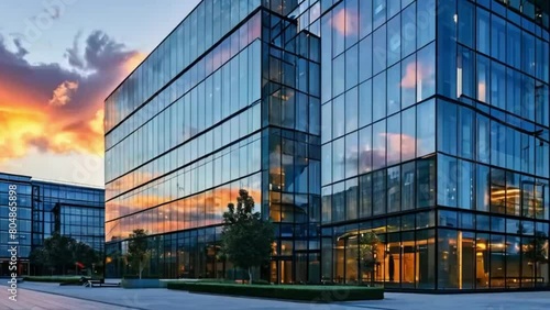 ffice building or business center.window buildings made of glass reflect the clouds and the sunset. empty street outside wall modernity civilization, commercial, skyscraper, architecture photo