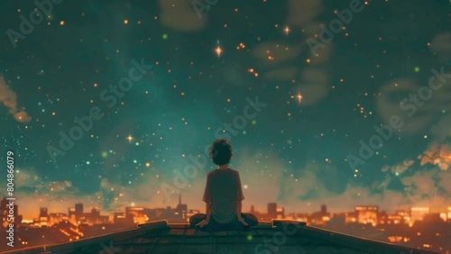 Lo-fi Boy sitting on a rooftop under a starry sky, surrounded by flickering city lights and distant sounds of the city, 2D Japanese anime-style LoFi animation 4k video photo