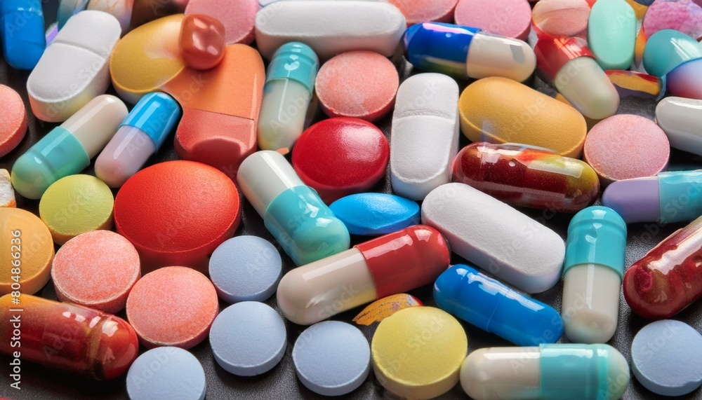 An array of multicolored pharmaceutical pills and capsules, including opioids, vitamins, and a variety of medicines, scattered across a surface, representing healthcare and medication diversity