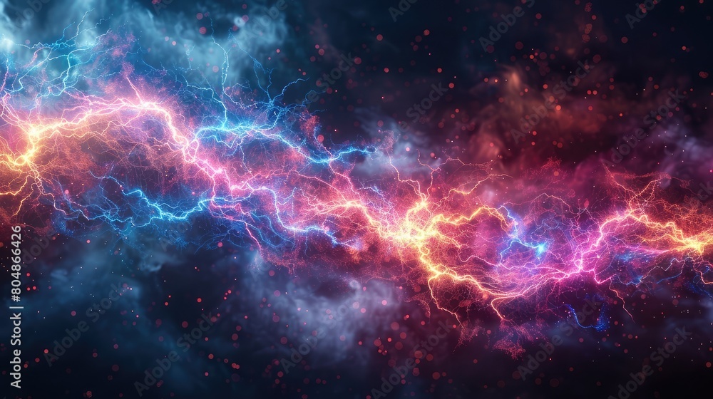 Electric currents flow through space in vibrant hues of blue, purple, and pink, reminiscent of a celestial fireworks display.