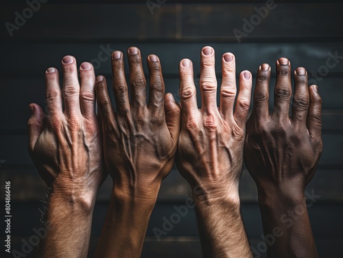 hands of multiethnic workers men photo