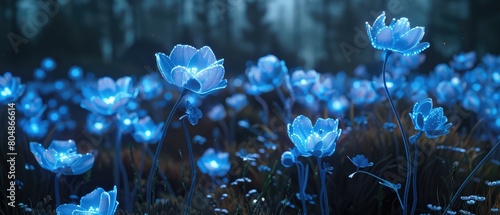 Glowing blue flowers in a dark forest.