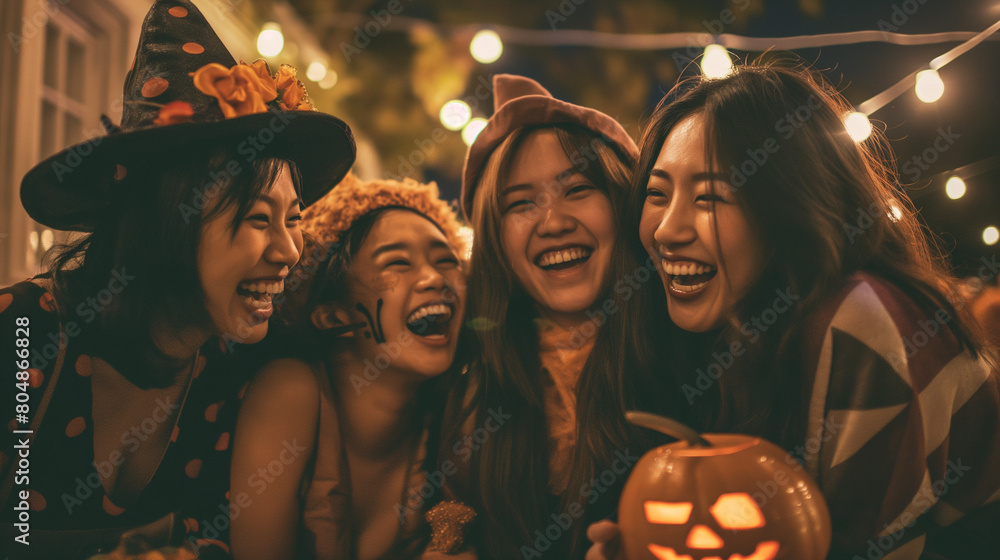 happy female friends smiling & laughing at halloween party happy female friends smiling & laughing at halloween party