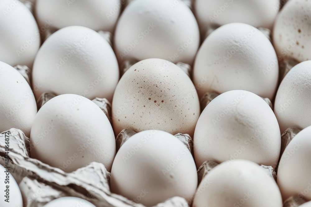 A background of white eggs in cartons arranged to create an egg pattern, symbolizing the abundance and diversity of chicken products. The focus is on the texture and color of each egg A background of white eggs in cartons arranged to create an egg pattern, symbolizing the abundance and diversity of chicken products. The focus is on the texture and color of each egg