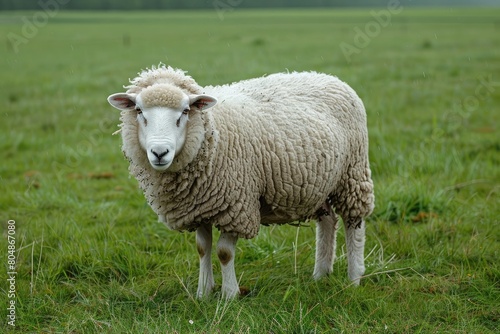 a white hairy sheep grazing in a plane field