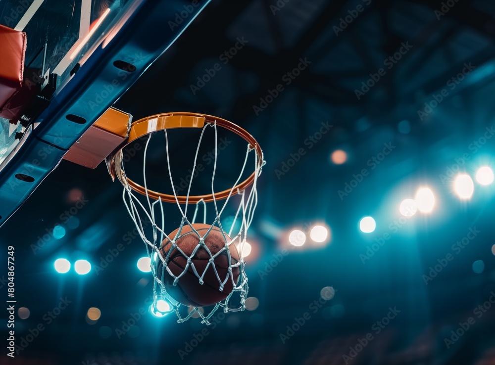 A basketball going through a hoop in an indoor arena, with lights and a dark background. With a softly blurred background 