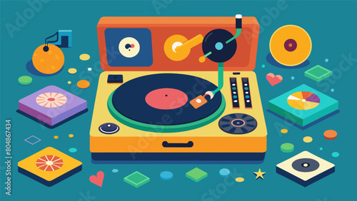 Jazz up your record player setup with decorative decals and stickers for a personalized touch. Vector illustration