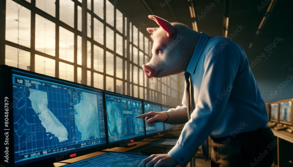 A pig wearing a suit and tie is working at a computer terminal. A pig wearing a suit and tie is working at a computer terminal.