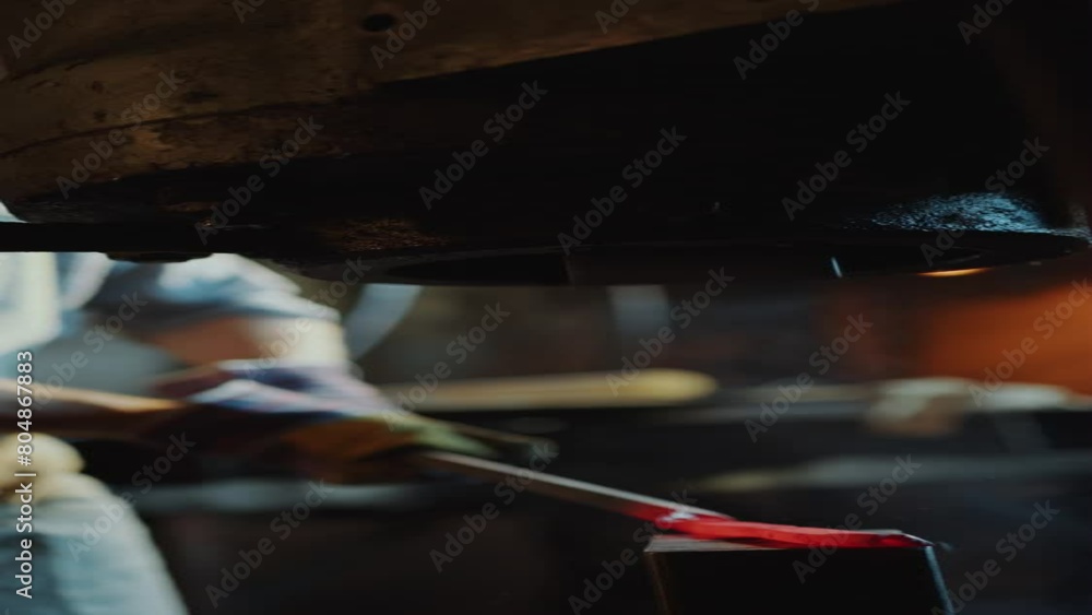 Close-up view of hydraulic press machine forging iron rod held by unrecognizable blacksmith doing hot metalwork in foundry. Vertical format footage