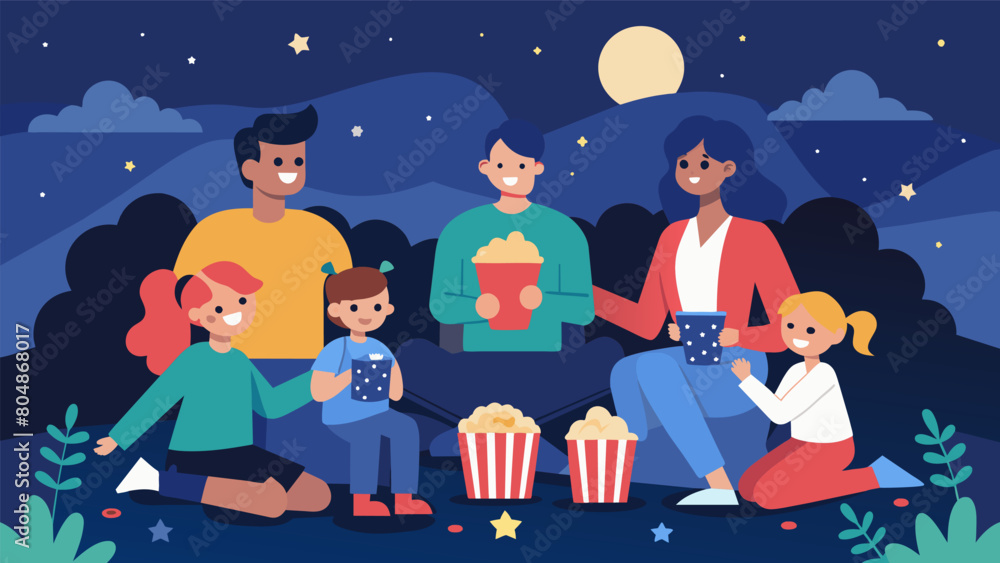 Naklejka premium Family Fun With families gathered together this outdoor film night is a perfect way to bring generations together to celebrate American history.. Vector illustration