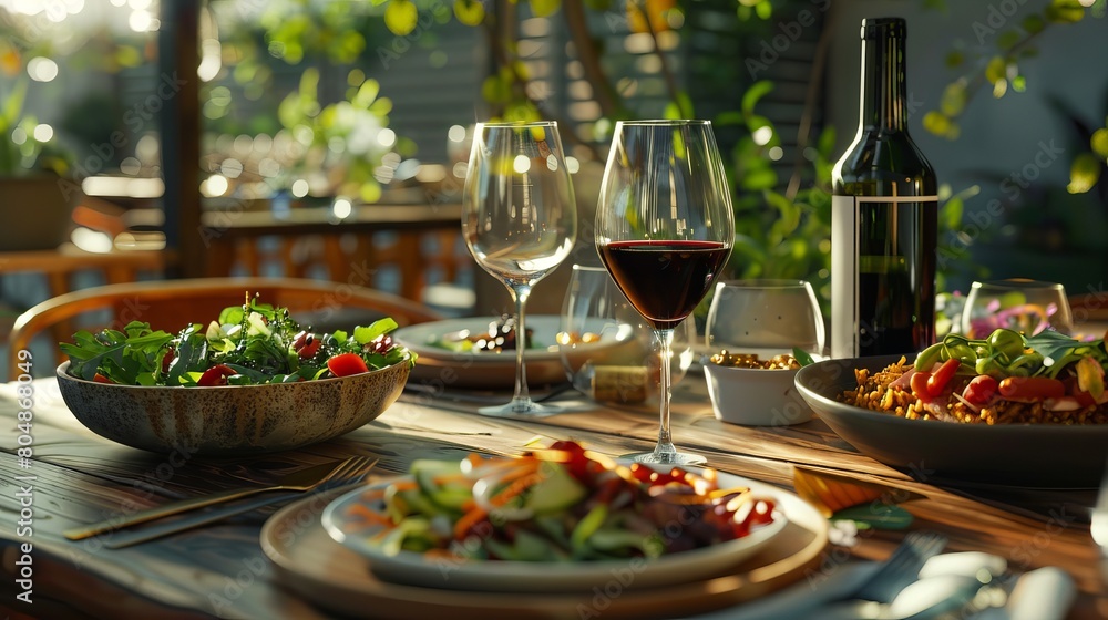 Exquisite Dining: Table Set with Wine, Food Platters, and Fresh Salad - Gastronomic Delight Exquisite Dining: Table Set with Wine, Food Platters, and Fresh Salad - Gastronomic Delight