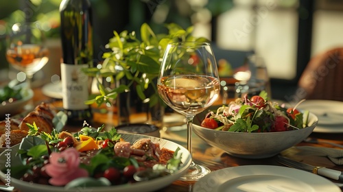 Exquisite Dining: Table Set with Wine, Food Platters, and Fresh Salad - Gastronomic Delight