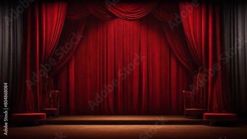 Empty theater stage with red velvet curtains with spotlight by award ceremony background