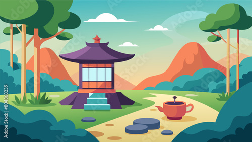 A Zen garden with a small stone tea house inviting visitors to sit and enjoy a warm cup of tea in the midst of nature..