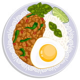 Pad Kra Pao with Lemon Wedge on Side - Thai Cuisine Top View Illustration